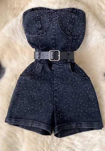 Women Denim Beaded Sleeveless Strapless Jumpsuit