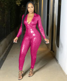 Women V Neck Shiny Jumpsuit