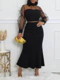 Women Elegant Mesh Patchwork Top And Long Skirt Two-piece Set
