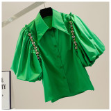 Embellished Rhinestone Chain Fashion Slit Retro Puff Sleeve Shirt