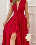 Fashion Summer Chic V-neck High Waist Red Flared Print Dress