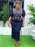 Plus Size African Women Beaded Puff Sleeve Bodycon Dress