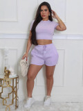 Women Round Neck Short Sleeve Top and Shorts Sports Two-piece Set