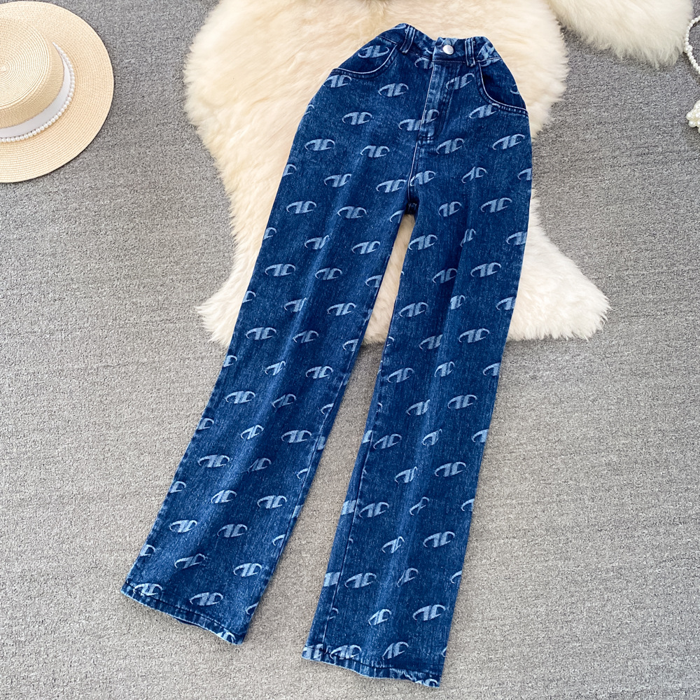 Women American Retro Strapless Denim Top and Pants Two-piece Set