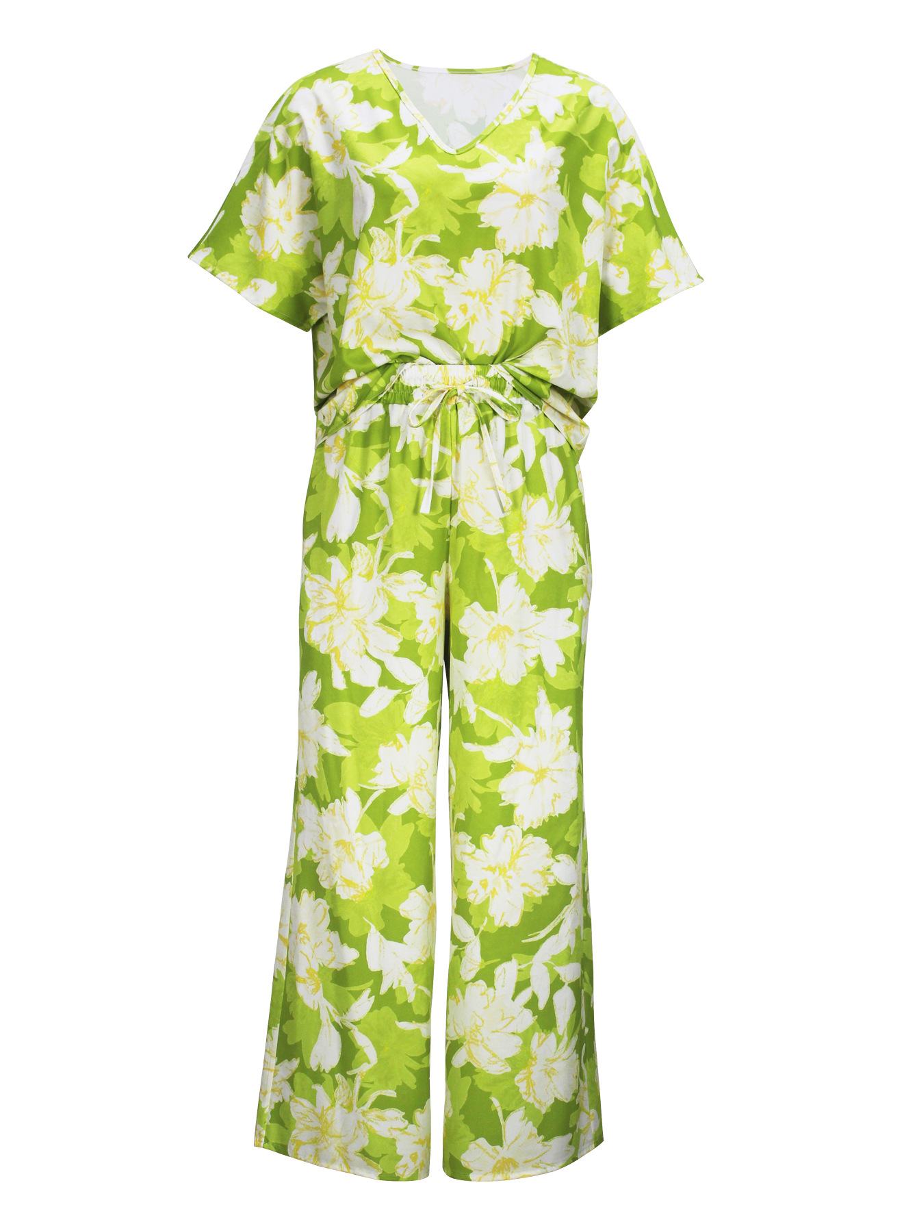 Women Elegant V-neck Short Sleeve Top and Long Pants Casual Two-piece Set