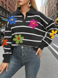 Women striped embroidered flower Patchwork Polo neck sweater