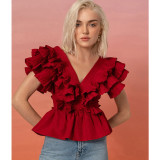 Layered Ruffled Collar Solid Casual Cute Top