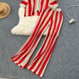 Women's Summer V-Neck Loose Knit Cardigan Top + Wide-Leg Pants Set Color-Block Striped Hollow-Out Outfit