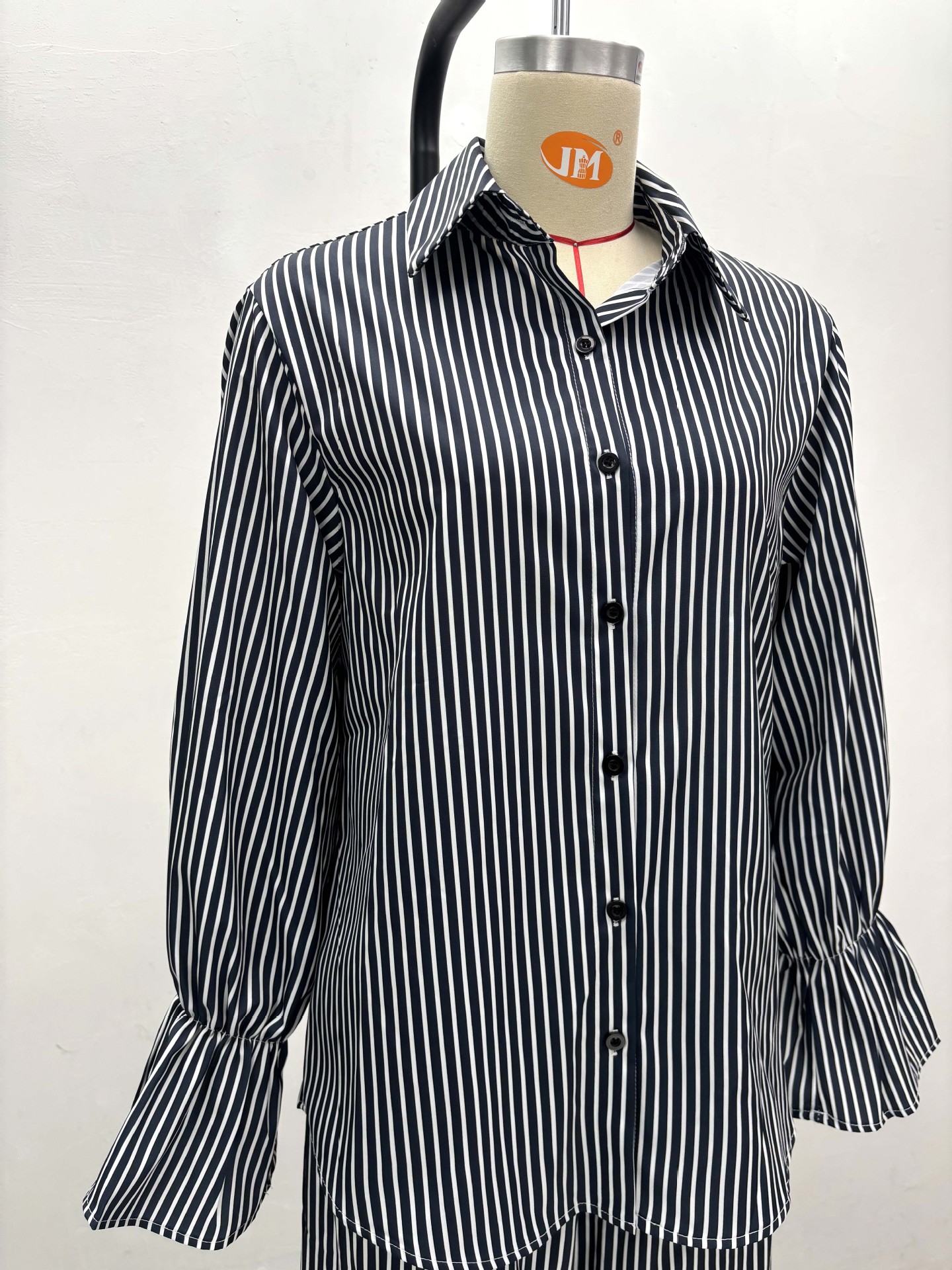 Women's Fashion Striped Button Bell Sleeve Shirt Wide Leg Pants African Casual Set