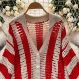 Women's Summer V-Neck Loose Knit Cardigan Top + Wide-Leg Pants Set Color-Block Striped Hollow-Out Outfit