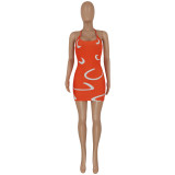 Women Sexy Halter Neck Ribbed Printed Dress