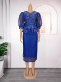 Plus Size African Women Beaded Puff Sleeve Bodycon Dress