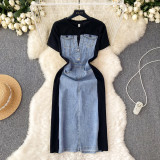 Round Neck Short Sleeve Patchwork Denim Dress Slim Waist Fake Two-Piece Long Dress
