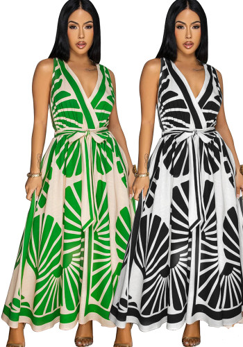 Women sexy V Neck sleeveless Print Bohemian dress