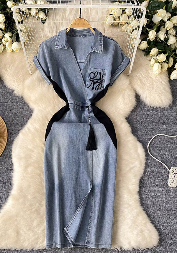 Women Retro Embroidery Slit Bodycon Denim Dress