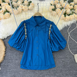 Embellished Rhinestone Chain Fashion Slit Retro Puff Sleeve Shirt