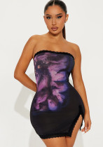 Women Spring and Summer Strapless Floral Print Lace Slit Bodycon Dress