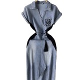 Women Retro Embroidery Slit Bodycon Denim Dress