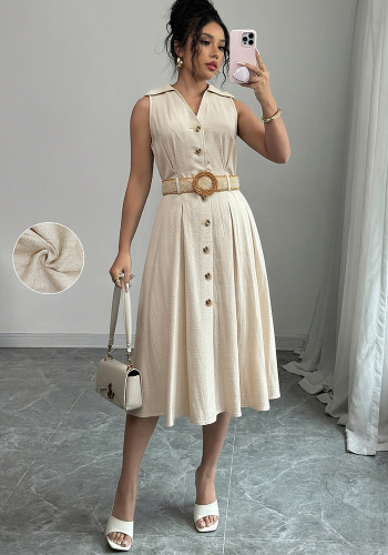 Women V-neck Sleeveless Belt Shirt Dress