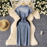 Women Retro Embroidery Slit Bodycon Denim Dress