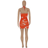 Women Sexy Halter Neck Ribbed Printed Dress