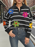 Women striped embroidered flower Patchwork Polo neck sweater