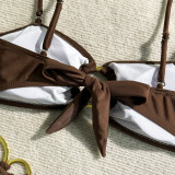 Women sexy solid neck suspender two pieces swimwear
