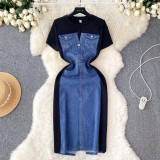 Round Neck Short Sleeve Patchwork Denim Dress Slim Waist Fake Two-Piece Long Dress