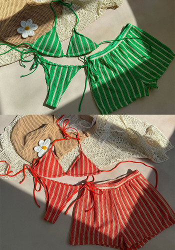 Women sexy lace stripe three-piece swimwear