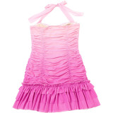 Summer Women's Mesh Patchwork Sexy Color-block Pleated Bodycon Halter Neck Dress