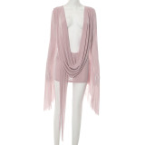 Women's Mesh Draped Neck Flared Long Sleeve Low Back Short Dress