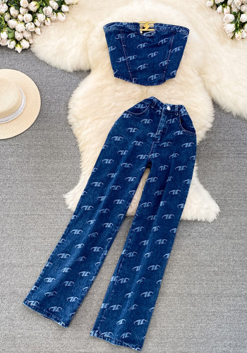 Women American Retro Strapless Denim Top and Pants Two-piece Set