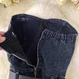 Women Denim Beaded Sleeveless Strapless Jumpsuit