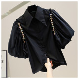 Embellished Rhinestone Chain Fashion Slit Retro Puff Sleeve Shirt