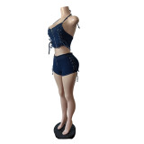 Women Lace-Up Vest AndStretchy Denim Shorts Two-Piece Set