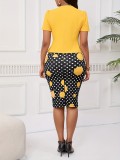 Women Elegant Solid Jacket And Polka Dot Print Dress Two-Piece Set