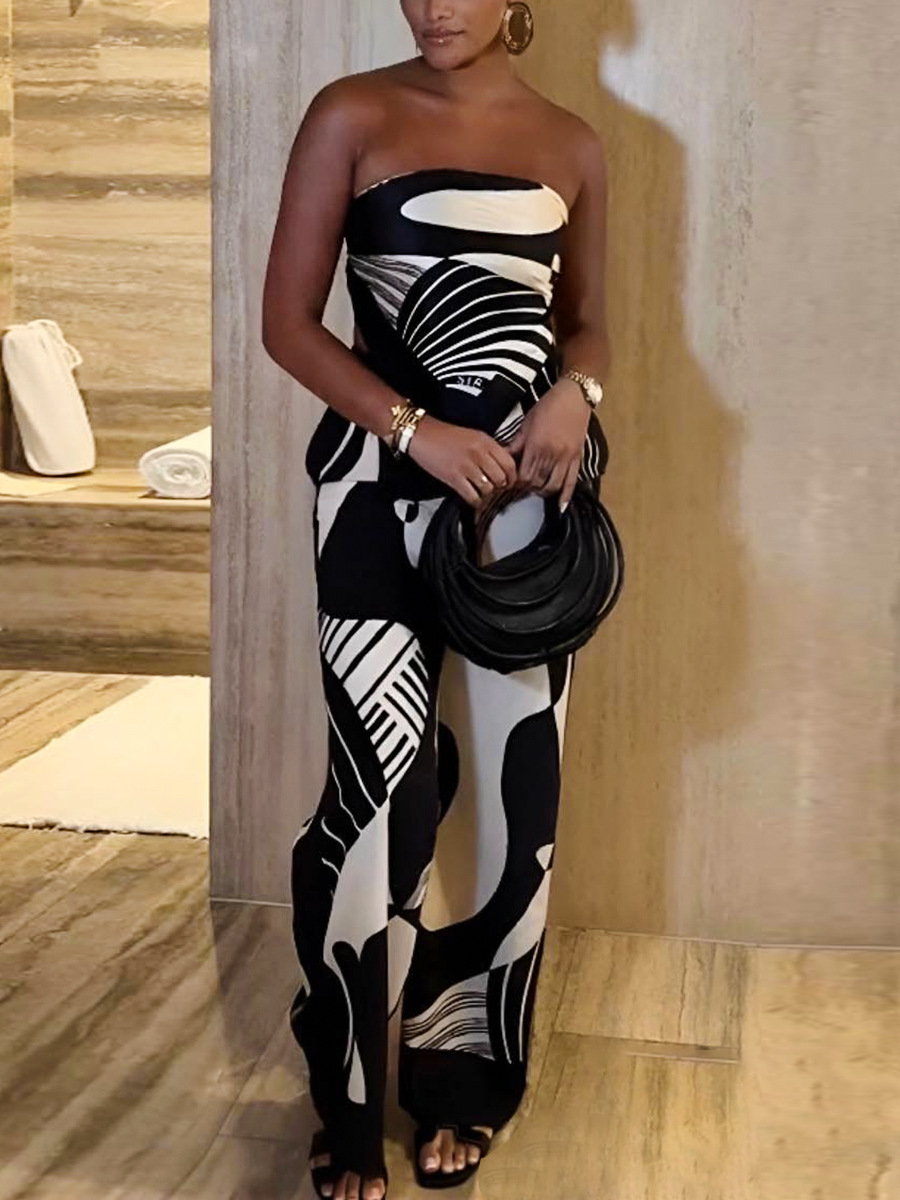 Sexy Strapless Low Back Top + Fashion Print Straight-Leg Pants Two-Piece Set