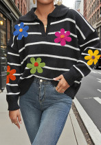 Women striped embroidered flower Patchwork Polo neck sweater