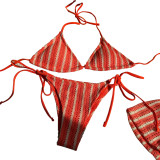 Women sexy lace stripe three-piece swimwear