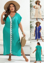 Women Holidays beach cover-up Plus Size Women hand-crocheted contrast color Patchwork V Neck slit dress