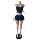 Women Lace-Up Vest AndStretchy Denim Shorts Two-Piece Set