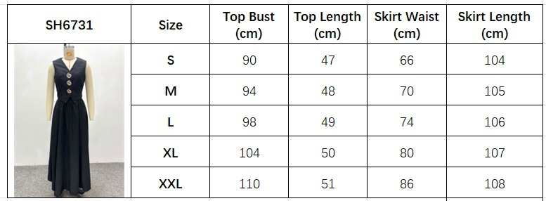 Women's Sleeveless Vest V-Neck Button Top African Chic Elegant Long Skirt Two-Piece Set