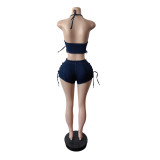 Women Lace-Up Vest AndStretchy Denim Shorts Two-Piece Set