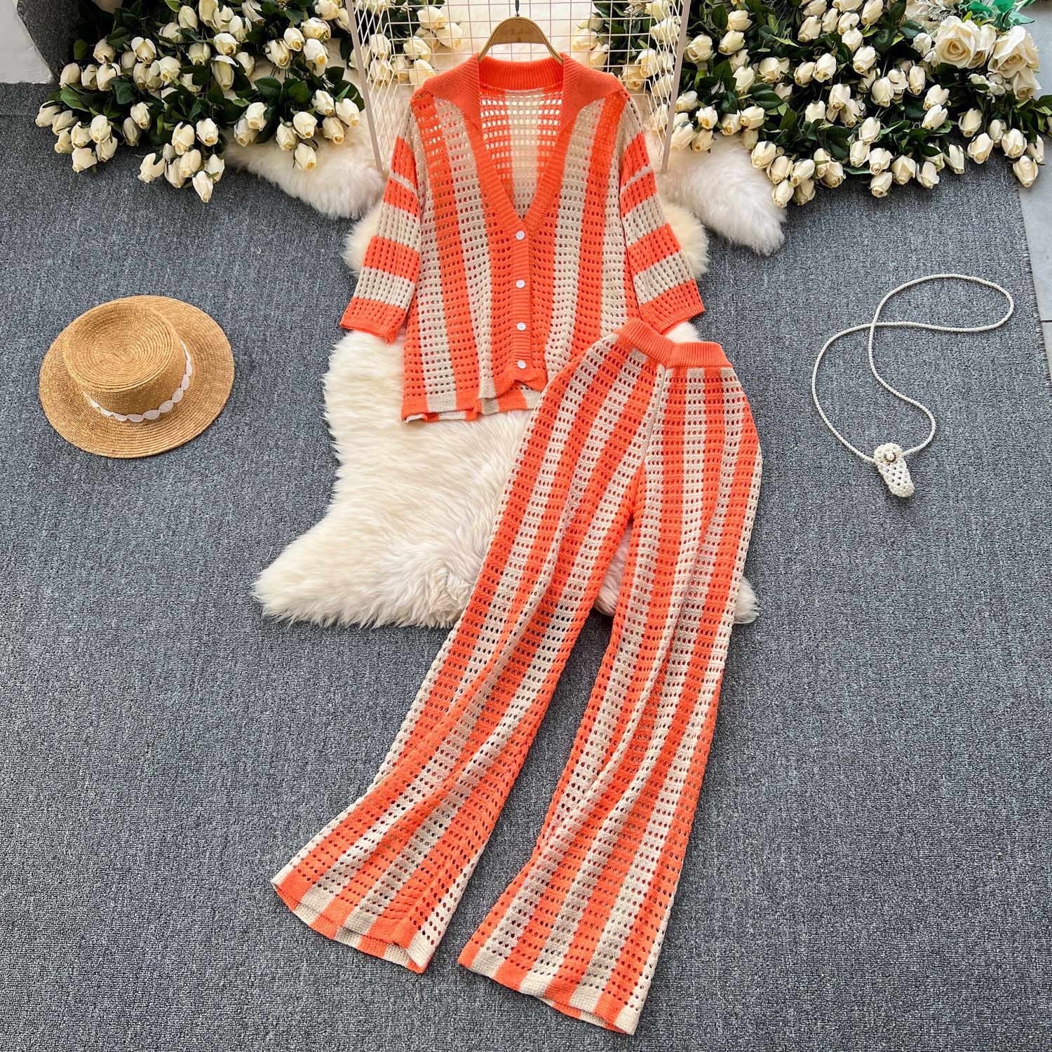 Women's Summer V-Neck Loose Knit Cardigan Top + Wide-Leg Pants Set Color-Block Striped Hollow-Out Outfit