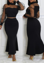 Women Elegant Mesh Patchwork Top And Long Skirt Two-piece Set Women Elegant Mesh Patchwork Top And Long Skirt Two-piece Set