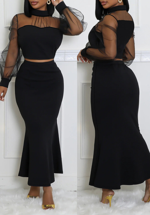 Women Elegant Mesh Patchwork Top And Long Skirt Two-piece Set