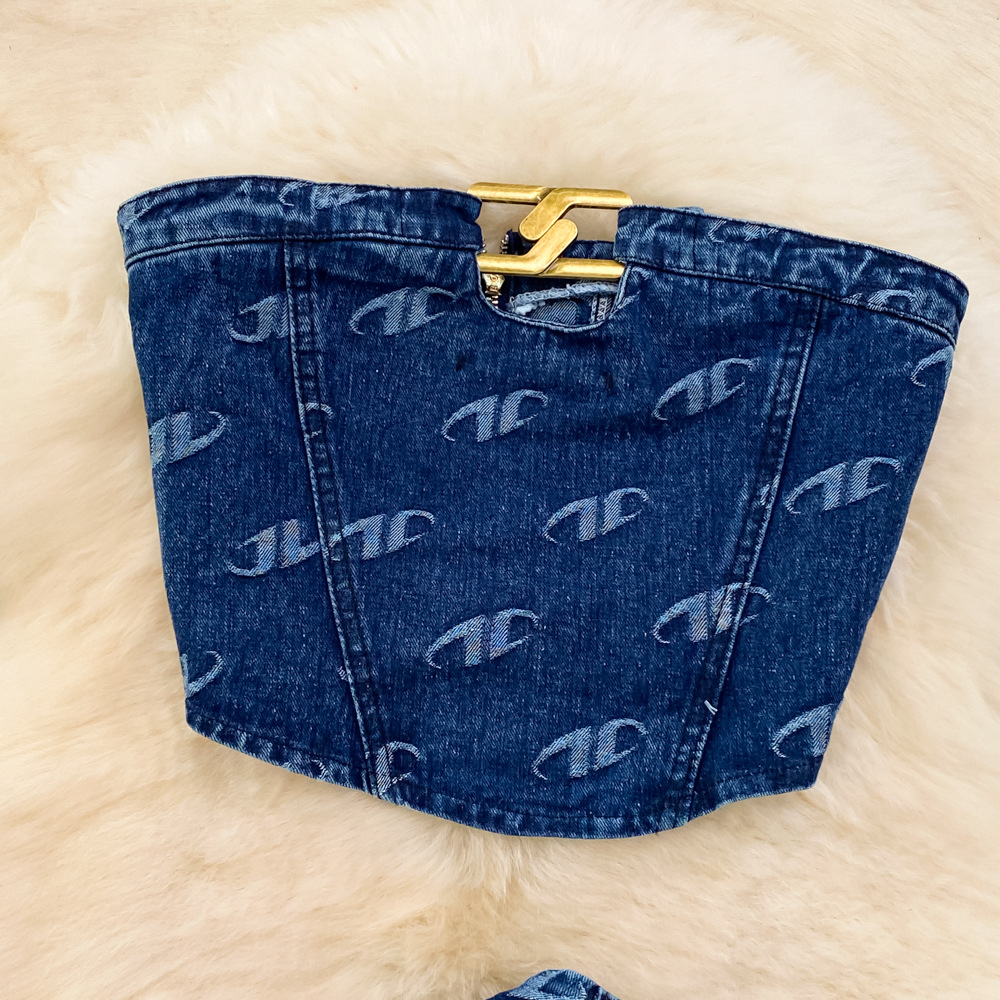 Women American Retro Strapless Denim Top and Pants Two-piece Set