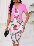 Women Elegant Solid Jacket And Polka Dot Print Dress Two-Piece Set
