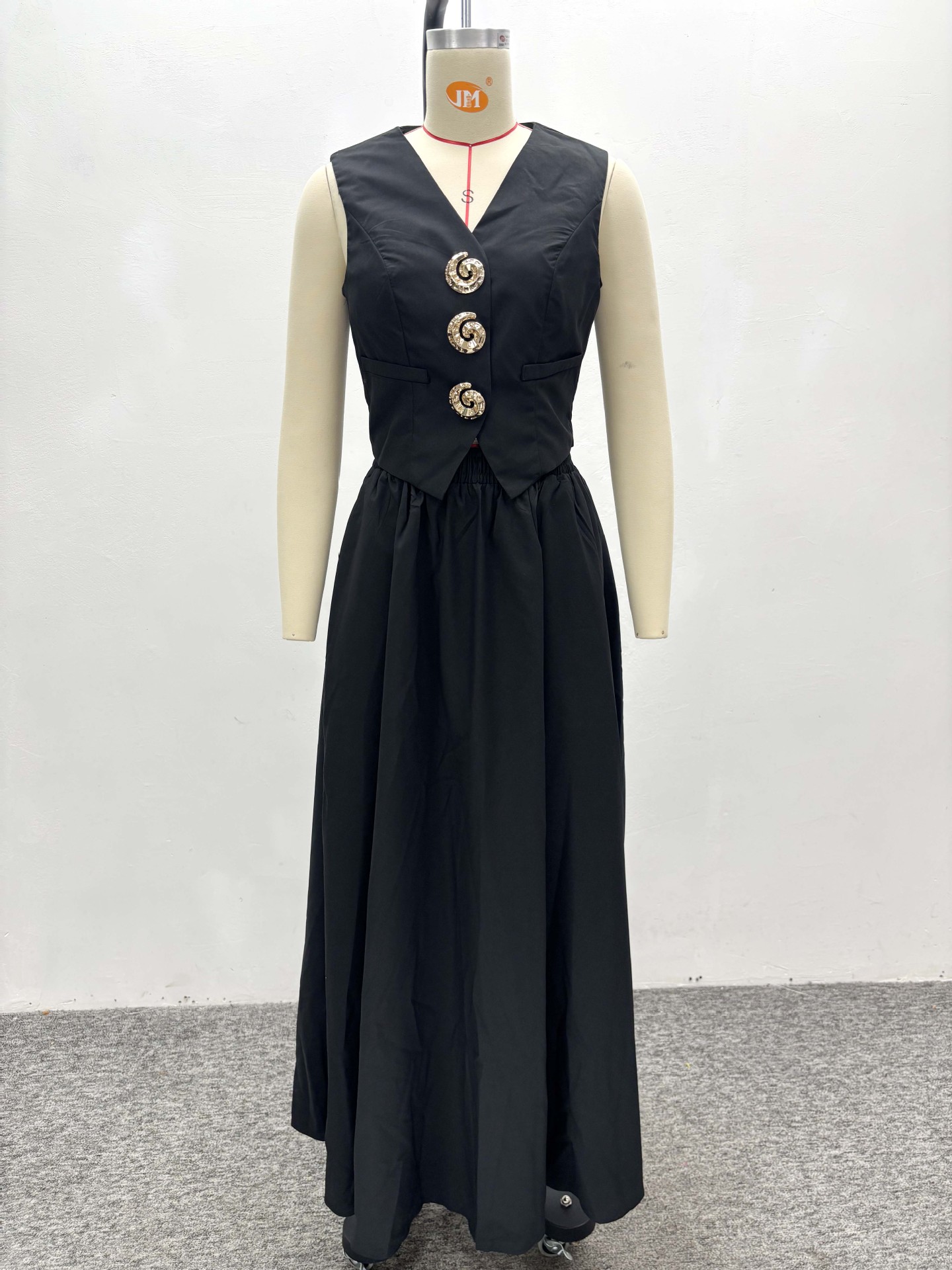 Women's Sleeveless Vest V-Neck Button Top African Chic Elegant Long Skirt Two-Piece Set