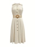 Women V-neck Sleeveless Belt Shirt Dress